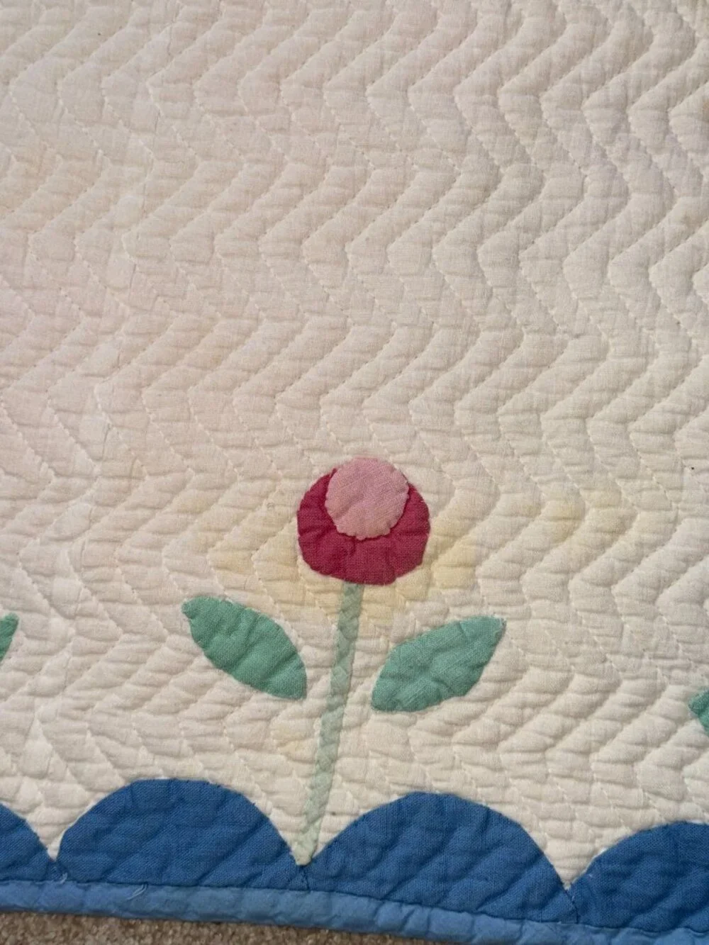 Vintage Nursery Quilt Applique Bow Rose Cottagecore Baby Girl Blanket Scalloped